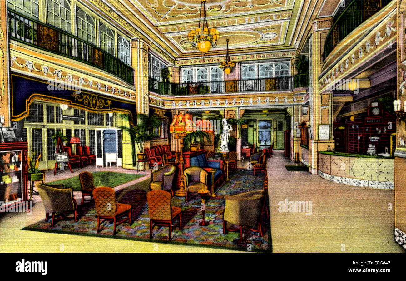 Hotel Atlantic, Chicago, US -view of lobby. Caption overleaf: 'Famous for Good Cooking. 450 Rooms - 300 with Bath. $2.00 a day Stock Photo
