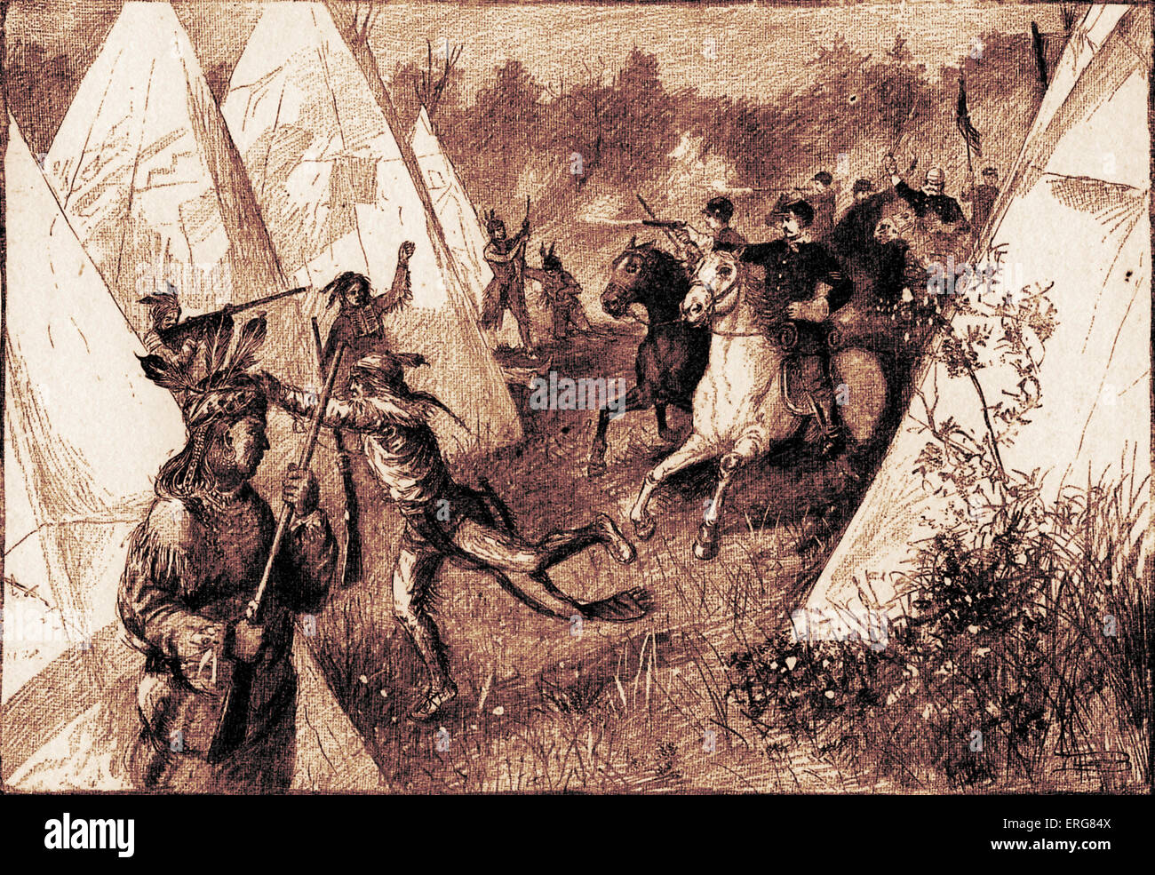 Colonists invading a Native American camp, published in 1887. The caption reads 'Charging an Indian camp'. Stock Photo