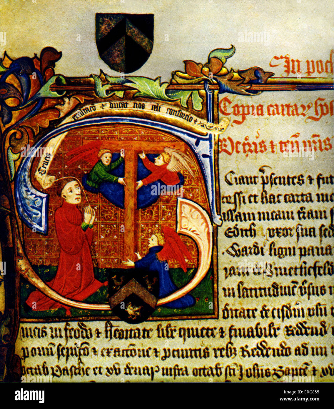 Brother John Cok 1392- 1468. Initial from illuminated cartulary of St Bartholomew's Hospital, written by Brother Cok, 1456- 68. Stock Photo