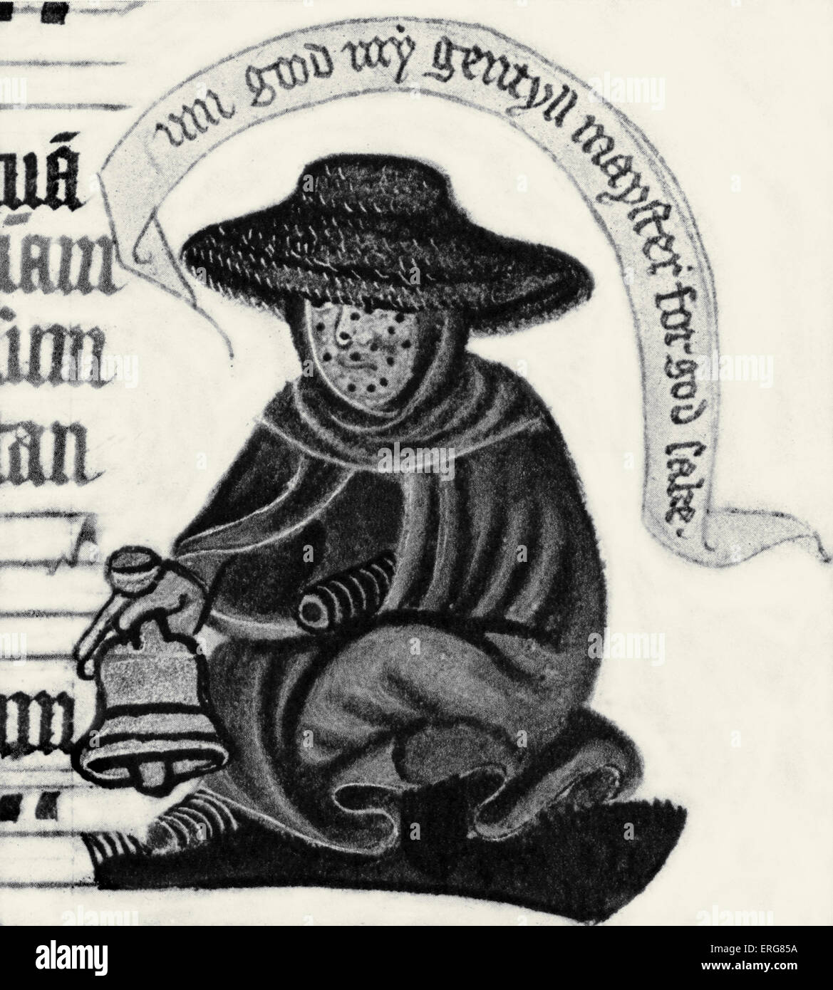 Leper woman ringing her bell. Illumination from Exeter Pontifical. Late 14th or early 15th century. Stock Photo