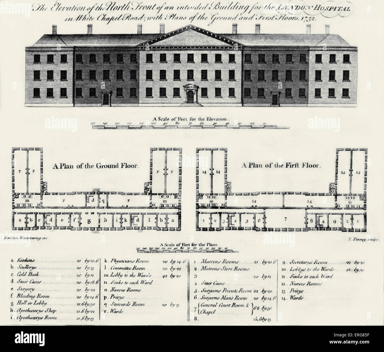 London Hospital plans designed by Boulton Mainwaring 1752. Stock Photo