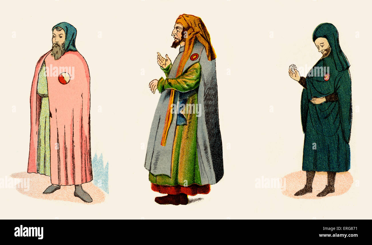 Jews in Middle Ages wearing identifying badges. Left to right illustration from 14th century French ms, German manuscript 1500, Stock Photo