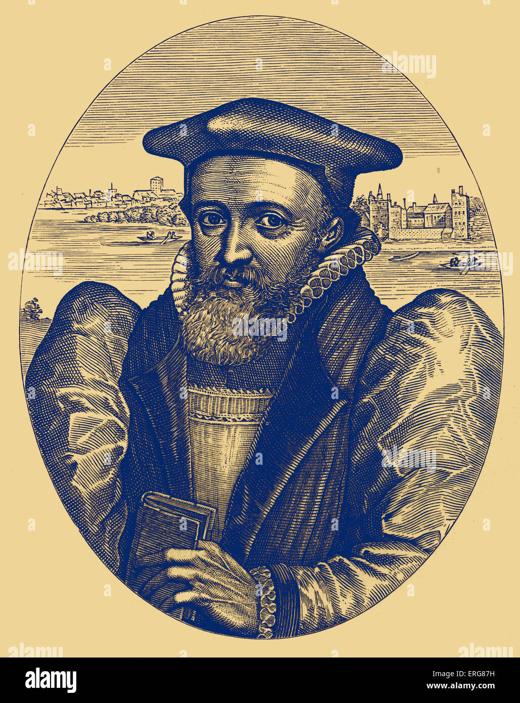 George Abbot, Archbishop of Canterbury, reproduced from the 1616 original engraving by Simon Pass. Lambeth can be seen in the Stock Photo