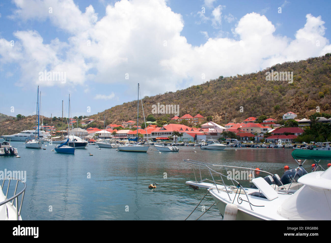 Boats moored in the harbor of Gustavia, St. Barts Stock Photo