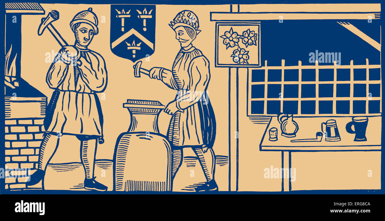 Blacksmiths, taken from a mid seventeenth century illustration for a ballad in the Roxburghe Collection. The Roxburghe Stock Photo