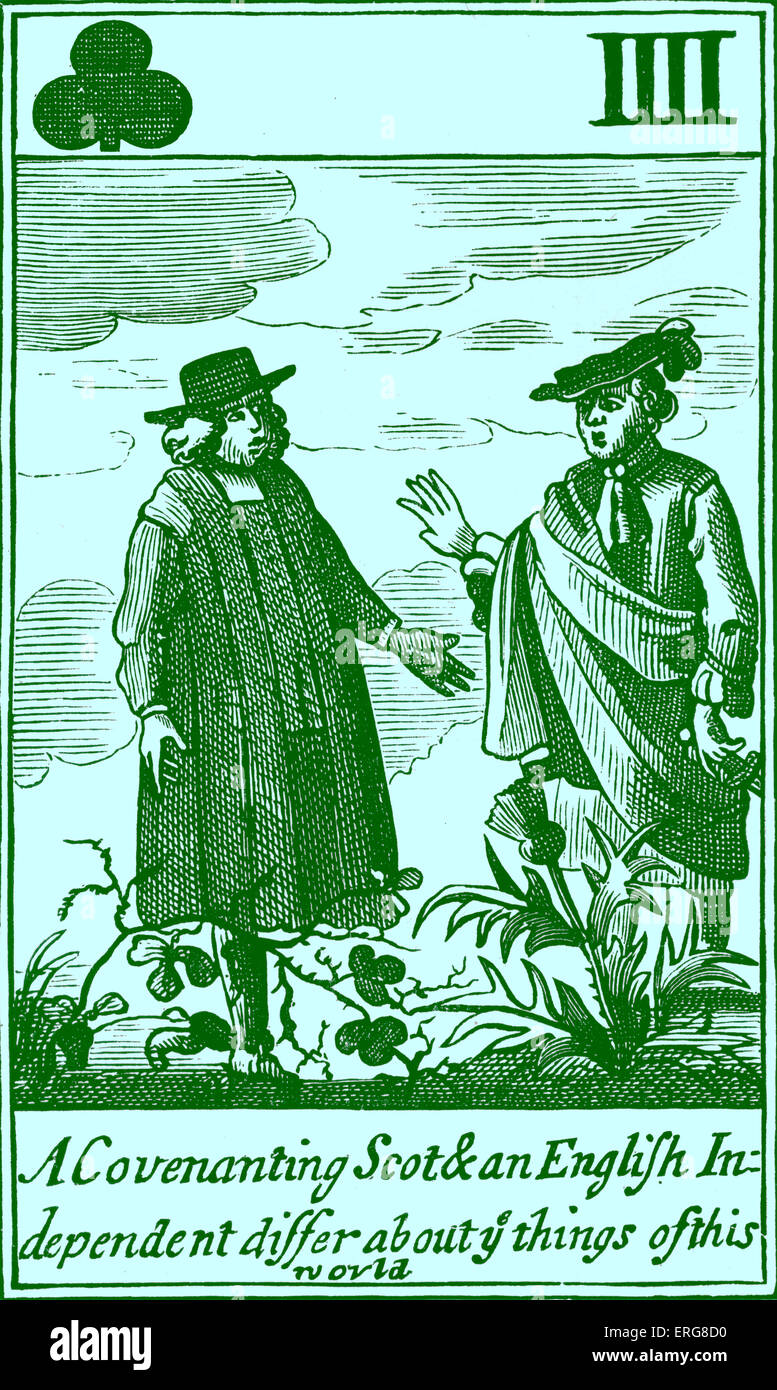 Satirical seventeenth century playing card, reproduced from a set of Cavalier playing cards. The caption reads 'A covenanting Stock Photo