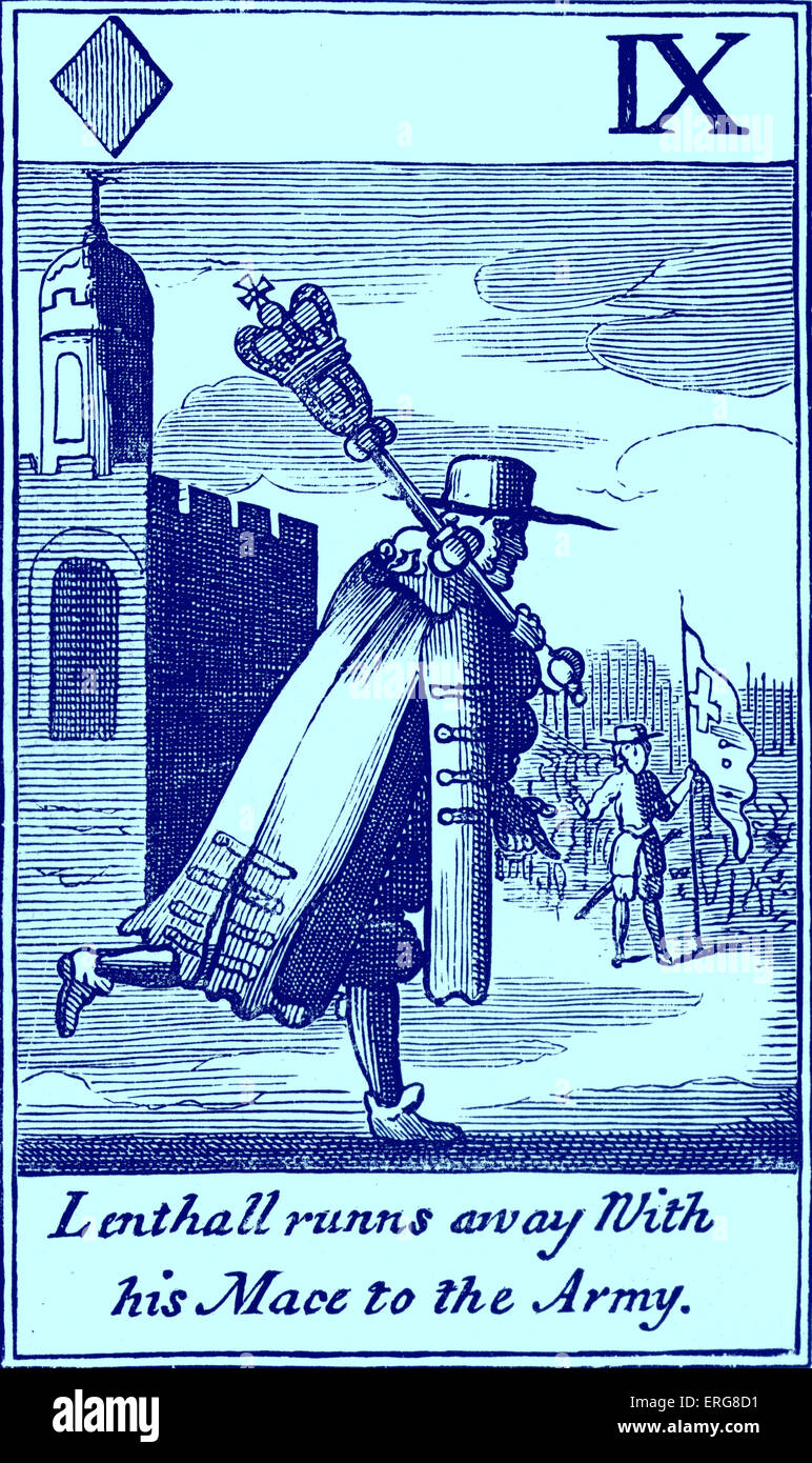 'Lenthall runs away with his mace to the army' - a satirical Cavalier playing card from the seventeenth century. William Stock Photo