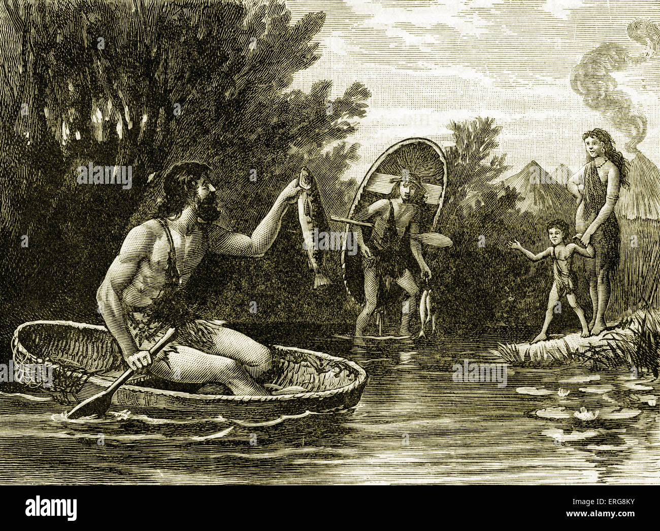Prehistoric Britons with coracle, small and lightweight boat used on fast- flowing rivers. Its use was noted by Julius Caesar Stock Photo