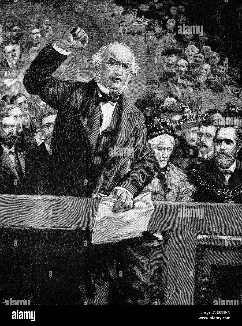 Mr Gladstone denouncing  Sultan Abdul Hamid II over the Armenian atrocities at a meeting in Liverpool, 1896. Stock Photo