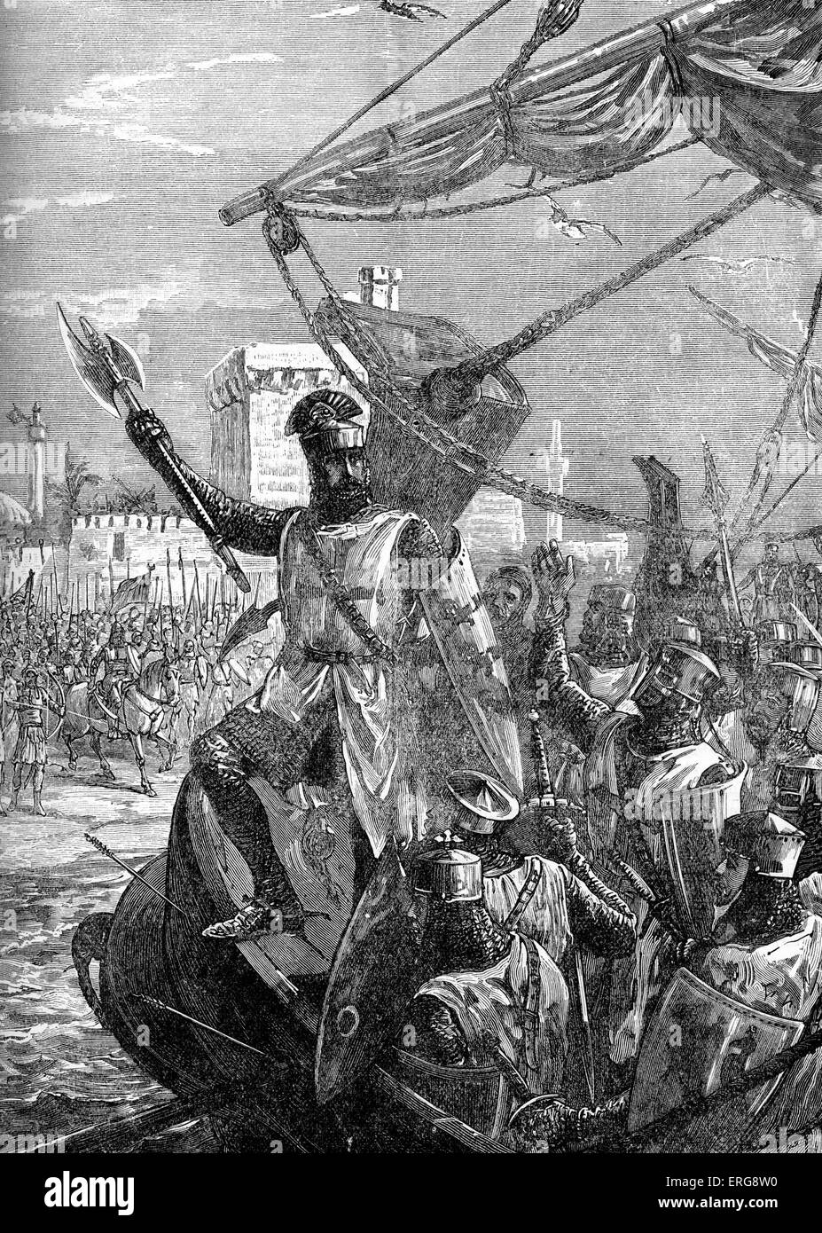 Richard I of England landing at Jaffa. City surrendered to Richard 10 September 1192, three days after Battle of Asruf. During Stock Photo