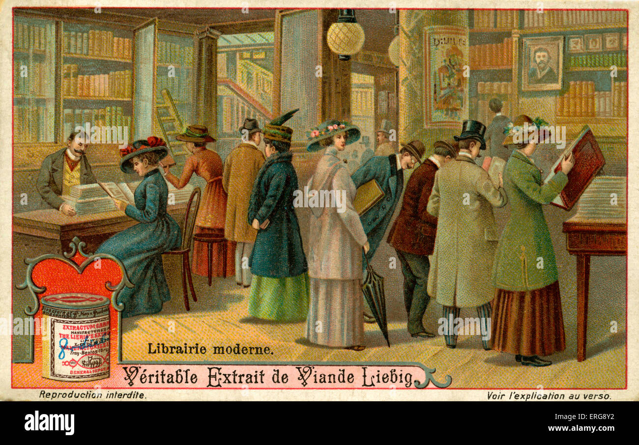 Early 20th century library. (Liebig series: Librairies/ Libraries. 1912, No 1). Stock Photo
