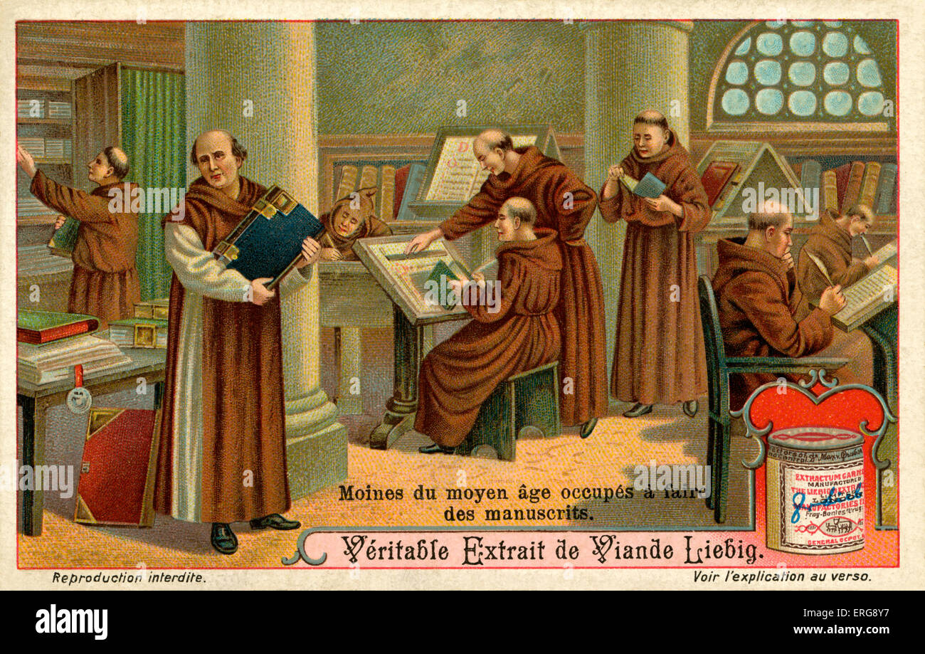 Monks copying manuscripts in the Middle Ages. In 11th and 12th century, most of the libraries were situated in monasteries where monks copied manuscripts by hand. (Liebig series: Librairies/ Libraries. 1912, No 6). Stock Photo