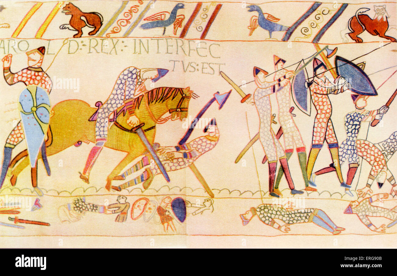 The Death of Harold at the Battle of Hastings, 1066. Detail from the Bayeux Tapestry/ Tapisserie de Bayeux: La telle du conquest (a 0.5-by-68.38-metre (1.6 by 224.3 ft) long embroidered cloth depicting the events leading up to the Norman conquest of England as well as the events of the invasion itself, annotated in Latin. It is exhibited in a special museum in Bayeux, Normandy called Musée de la Tapisserie de Bayeux.) Stock Photo