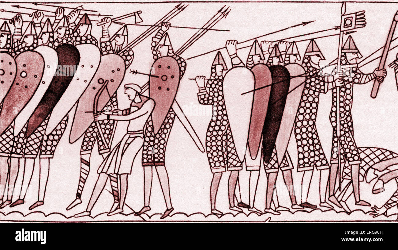 The Saxon Shield Wall. Detail from the Bayeux Tapestry/ Tapisserie de Bayeux: La telle du conquest (a 0.5-by-68.38-metre (1.6 by 224.3 ft) long embroidered cloth depicting the events leading up to the Norman conquest of England as well as the events of the invasion itself, annotated in Latin. It is exhibited in a special museum in Bayeux, Normandy called Musée de la Tapisserie de Bayeux.) Stock Photo