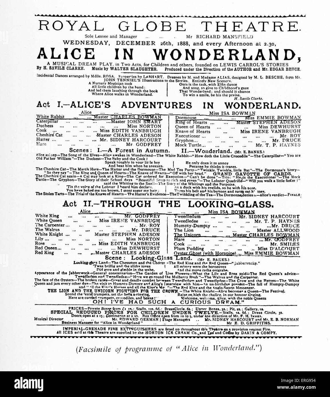 Alice in Wonderland - musical play. Facsimile programme for Wednesday 26 December 1888. Written by H. Saville Clarke, with music by Walter Slaughter. Based on children 's book by Lewis Carroll. LC: (Real name Reverend Charles Lutwidge Dodgson) English author: 27 January 1832 - 14 January 1898. Stock Photo