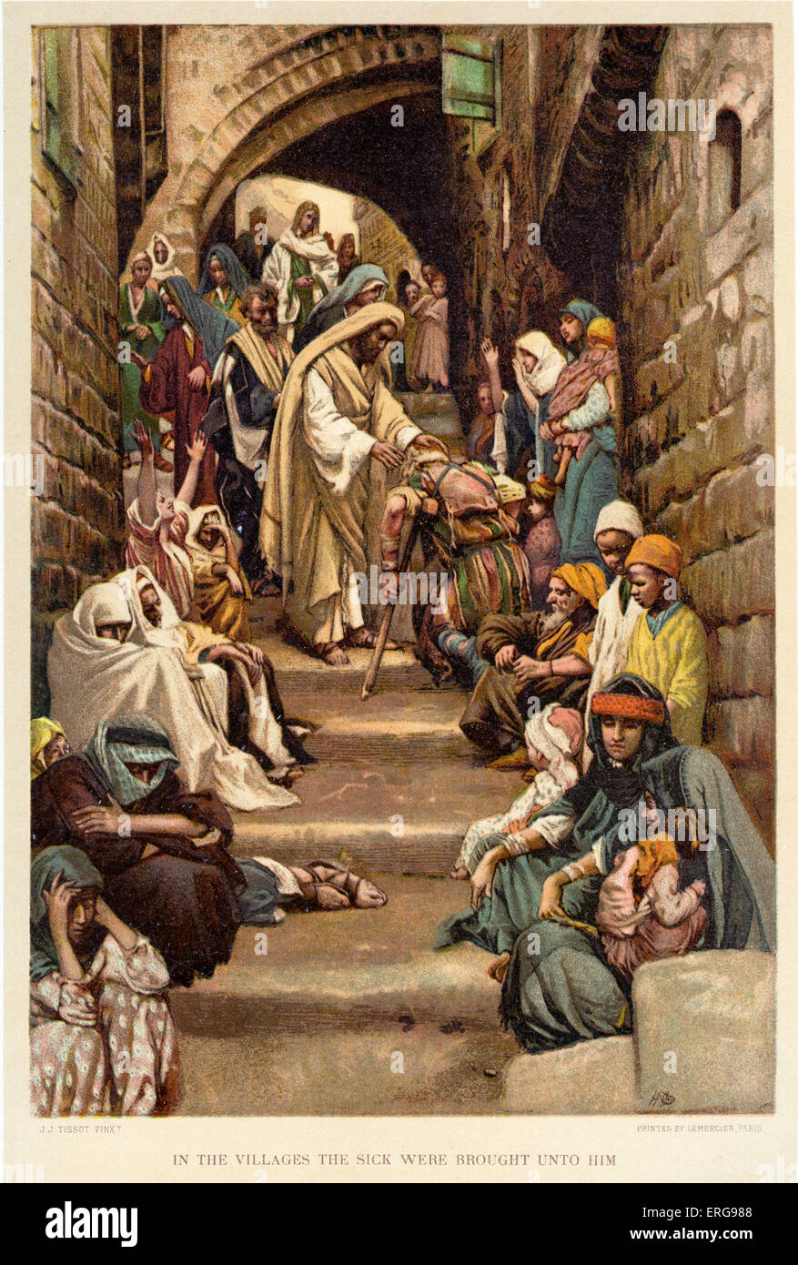 In the Villages the Sick were Brought unto Him - Saint Mark , Chapter 6.  Illustrated by J James Tissot. French painter 15 Stock Photo