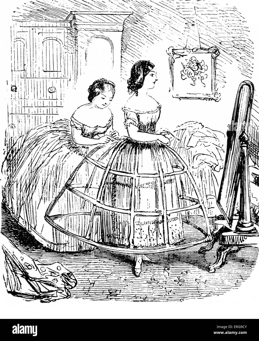 British women 's fashion - 1850s. Wearing hooped petticoats. Stock Photo
