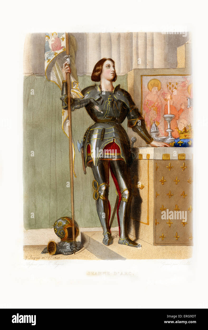 Saint Joan of Arc (French: Jeanne d'Arc), also known as The Maid of Orléans. National heroine of France and a Catholic saint. A peasant girl who claimed Divine guidance, she led the French army to several important victories during the Hundred Years' War. c.1410- 1431. Engraving by Pollet, c.1846. Stock Photo