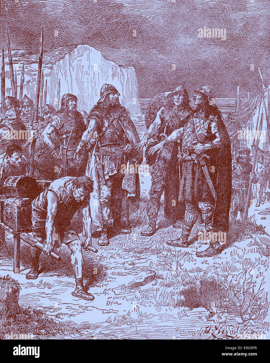Hengist and Horsa 's treaty with Vortigern, King of the Britons. Subject of English legend of two Germanic brothers who led the Angle, Saxon, and Jutish armies that conquered the first territories of Great Britain in 5th century AD. Early 20th century illustration. Stock Photo