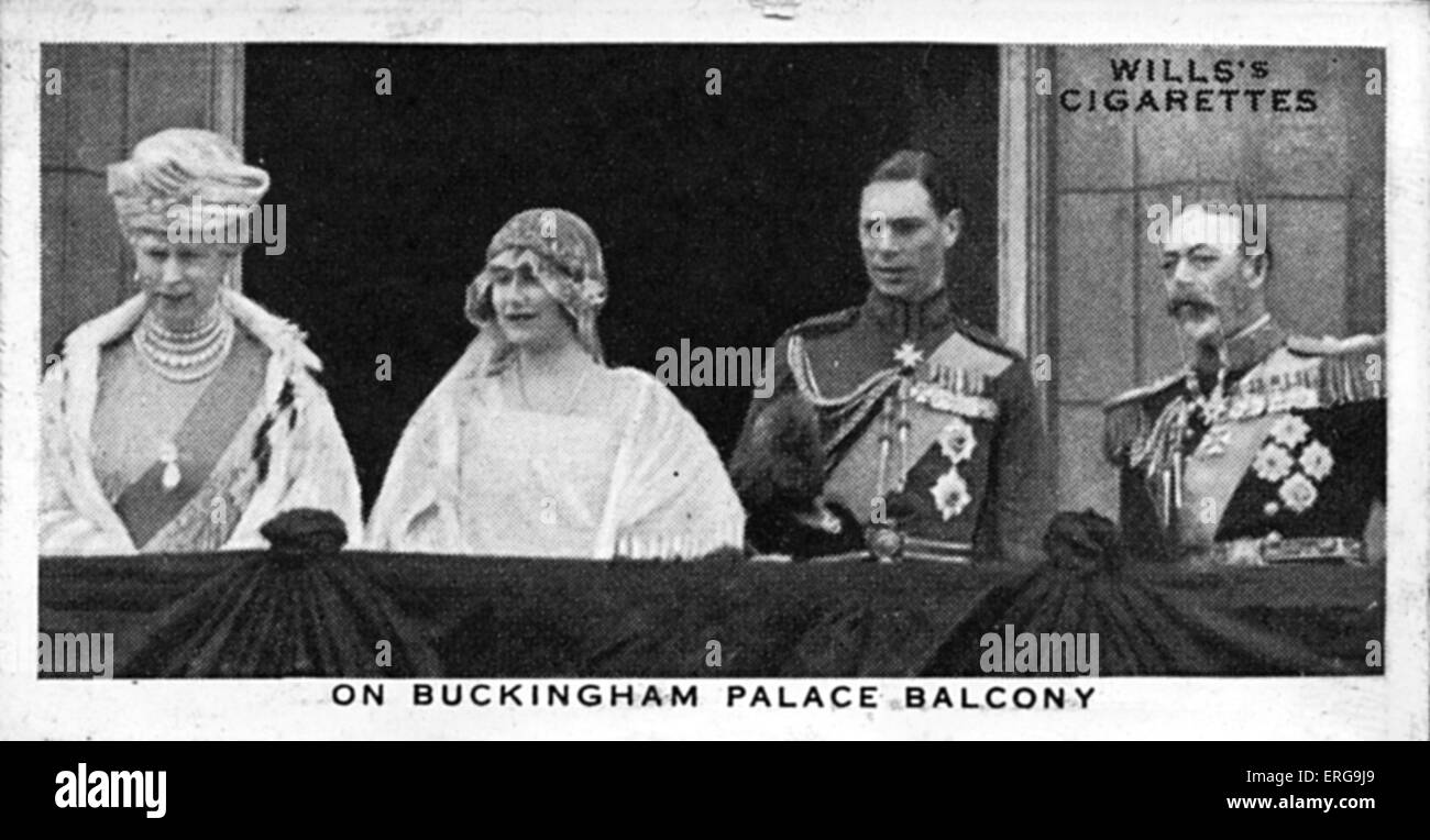 Engagement of King George VI (then Duke of York) to Lady Elizabeth Bowes-Lyon, 14 January, 1923. Buckingham Palace balcony. From commemorative coronation album, 1937. Stock Photo