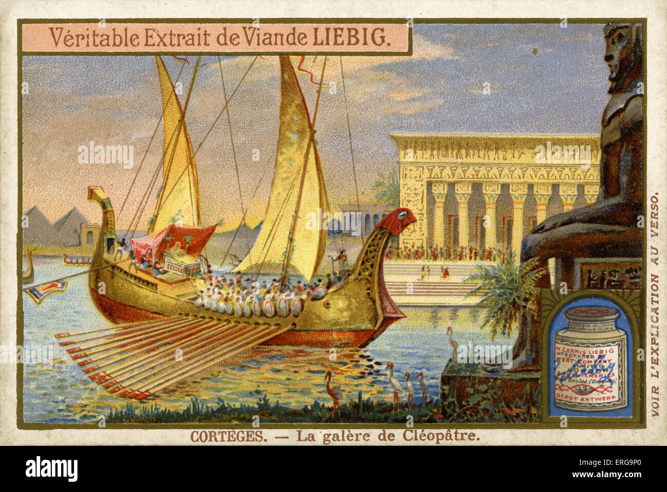 Cleopatra's Galleon, Ancient Egypt. Cleopatra sets sail for Sicily to meet Mark Anthony (Marcus Anthonius) in a magnificent ship with a gilt stern. From Liebig series: Cortèges/ Processions, 1910, No 4. Stock Photo