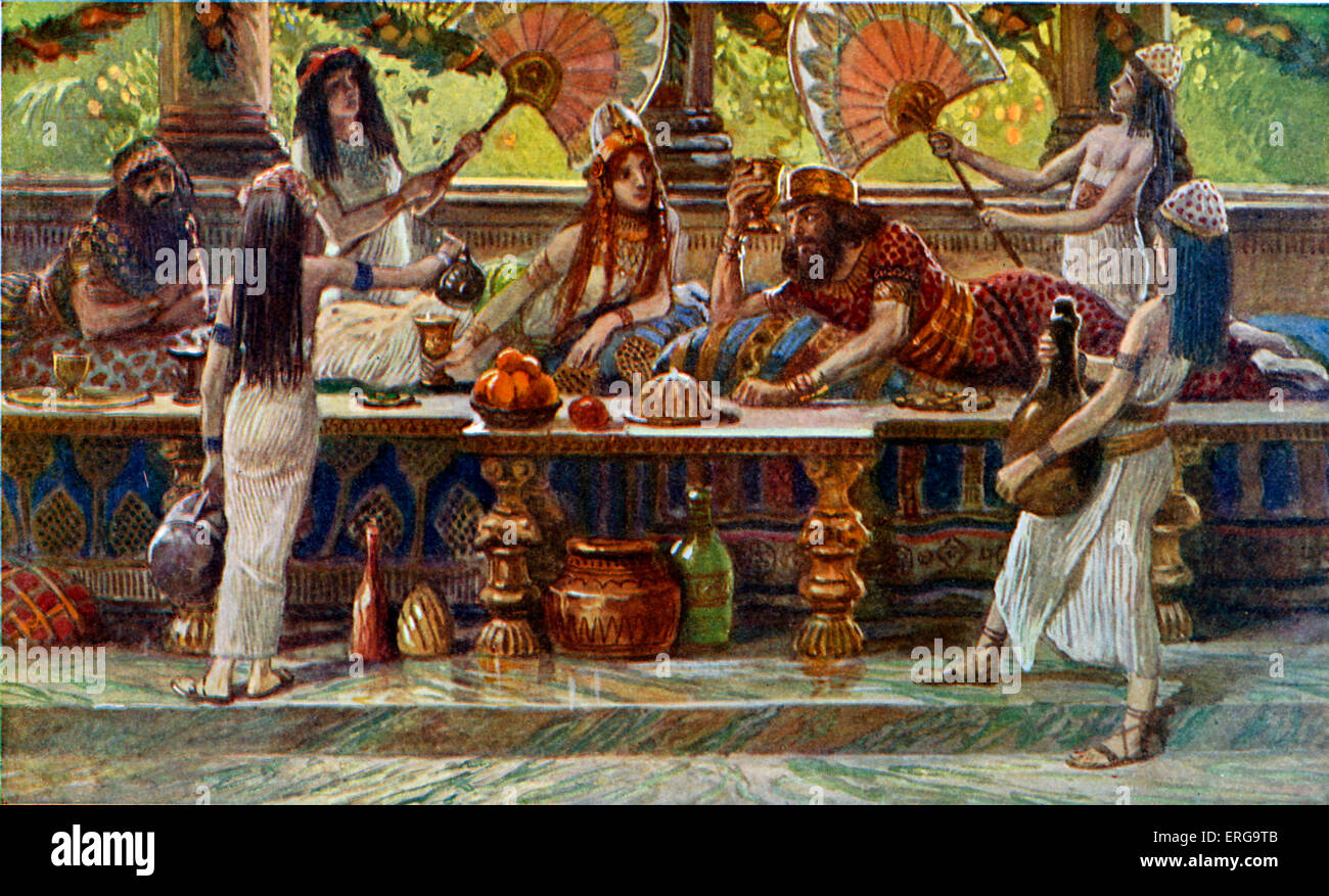 Esther feasts with the king by J James Tissot. Illustration to Book of Esther, 7.1 & 2: 'So the king and the Haman came to Stock Photo