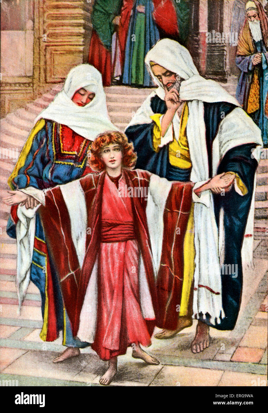 Jesus in the temple - after illustration by J James Tissot. Mary and Joseph lose Jesus on their way to Jerusalem for Passover Stock Photo