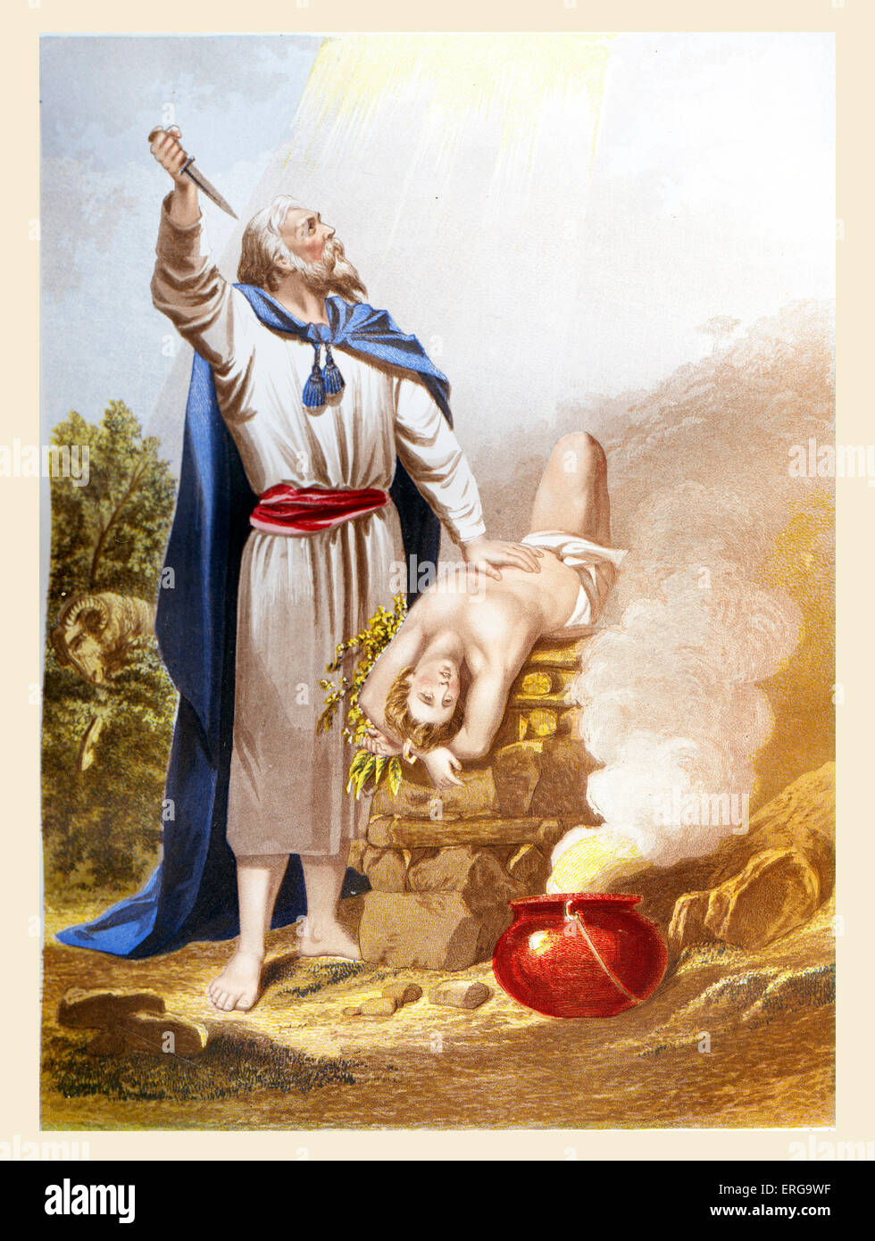 Abraham offering Isaac. Illustration to Book of Genesis, 22. 10 -13. Chromolithograph plate by Kronheim. Stock Photo