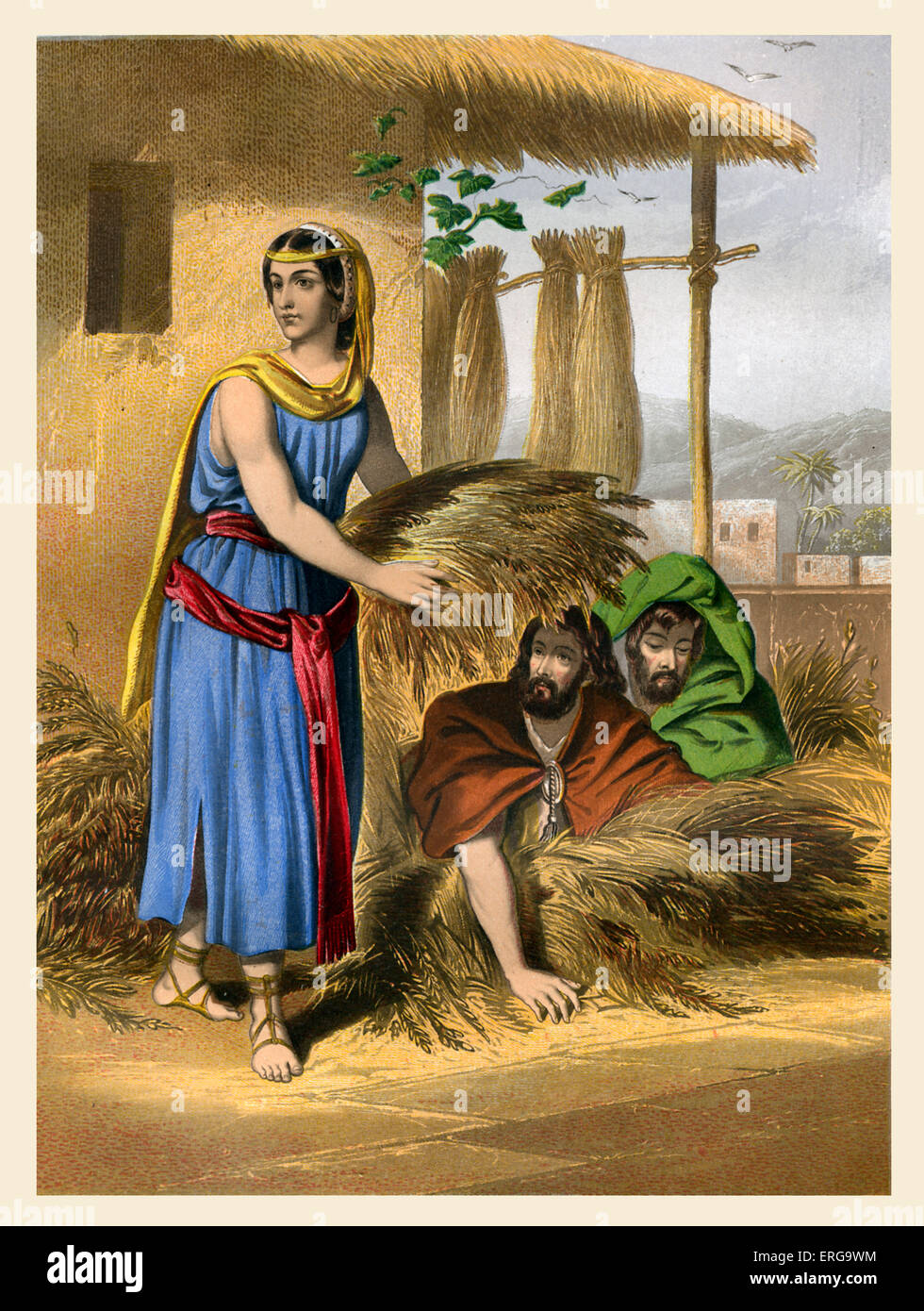 Rahab conceals  the spies. Illustration to Book of Joshua, 2. 3 -6 : 'The King of Jericho sent unto Rahab, saying, Bring forth Stock Photo