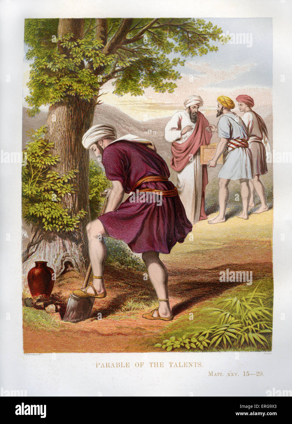 Parable of the Talents told by Jesus. Illustration to Matthew 25. 15
