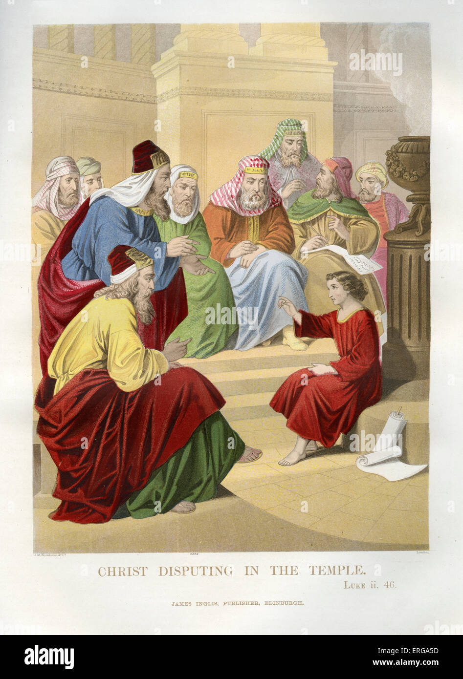 Christ disputing in the temple. Illustration to Luke, 2.46. As a child, Jesus was taken to Jerusalem by his parents for Stock Photo