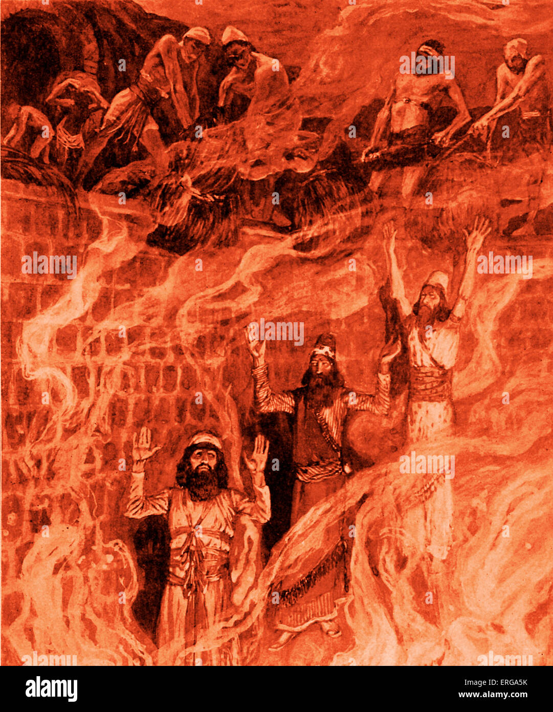 In the fiery furnace by J James Tissot. Illustration to the Book of Daniel, 3.24: 'Then Nebuchandnezzar the king was astonished, and rose up in haste, and spake, and said unto his counsellors, Did not we cast three men bound into the midst of the fire? They answered and said unto the king, True, O king'. Nebuchandnezzar erects a golden idol which Hananiah, Mishael and Azariah refuse to worship. As punishment, they are thrown into a fiery pit. They are protected by Daniel and remain unscathed. JJT: French painter, 1836- 1902. Stock Photo