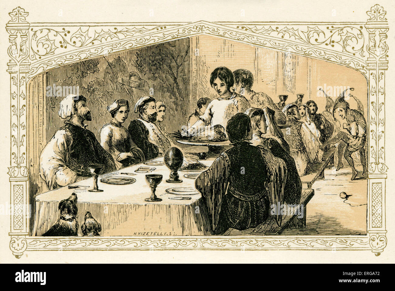 Medieval Christmas feast - illustration by Birket Foster, 1872. Stock Photo