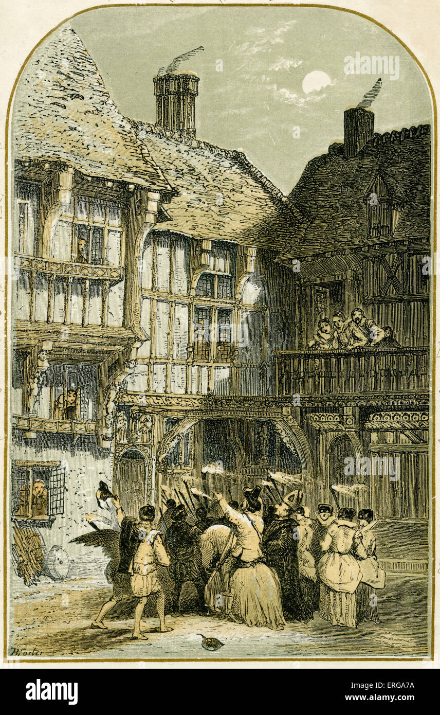 Mummers Play/Mumming - illustration by Birket Foster, 1872. English Christmas tradition, originating in Middle Ages, in which Stock Photo