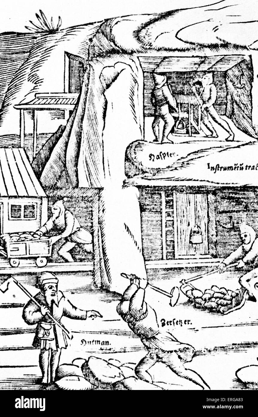 Mining trolley on rails in Leberthal, Alsace. After Sebastien Munster's 'Cosmographie universelle', 1550. (development of Stock Photo