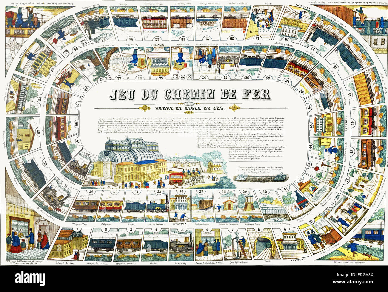 Board and rules for railway game - Jeu du Chemin de fer. France, 19th century. Stock Photo