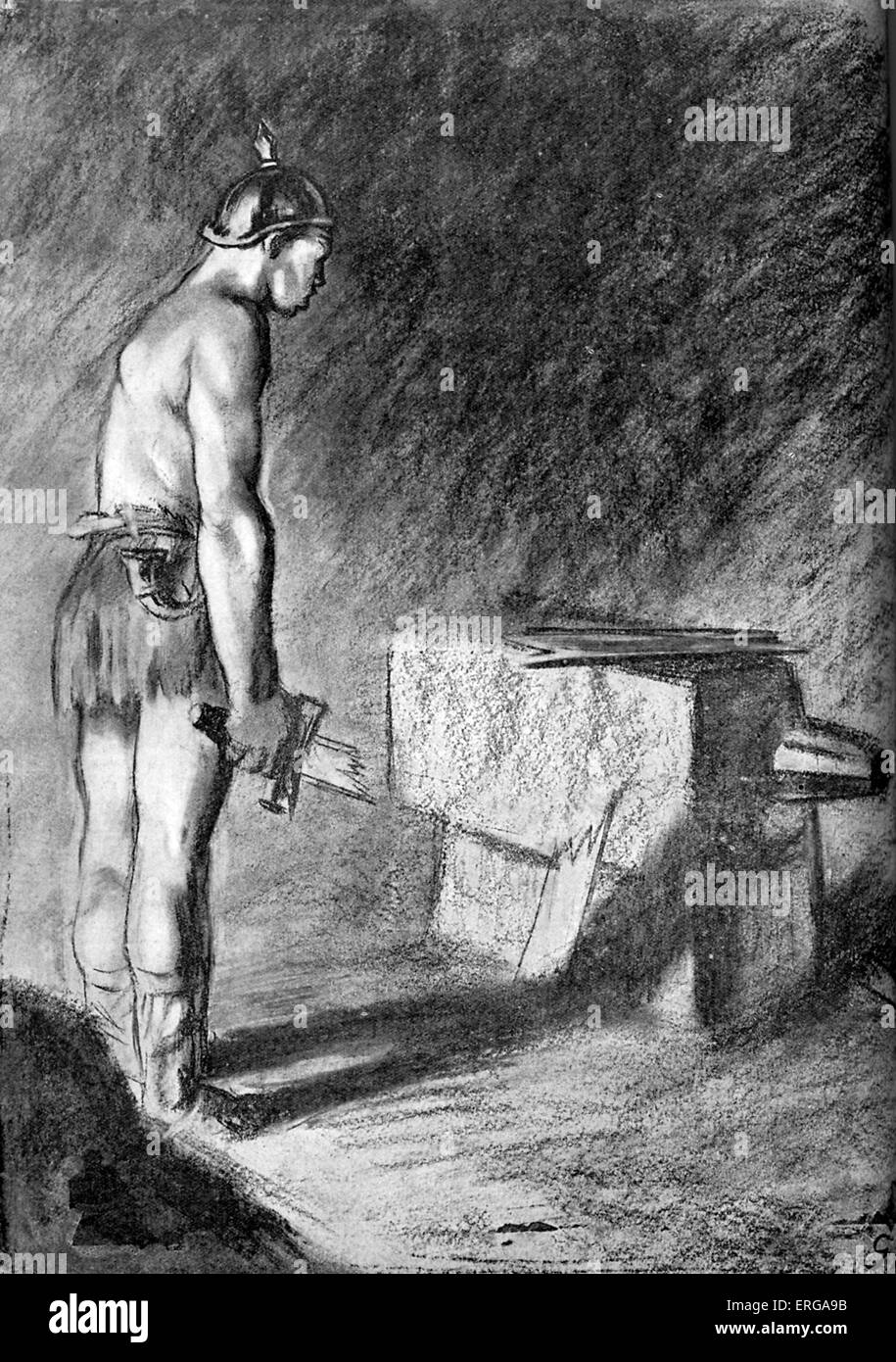 Prussian military weakness - World War I caricature (British).  The symbolic sword of Prussian soldier shatters on the anvil Stock Photo