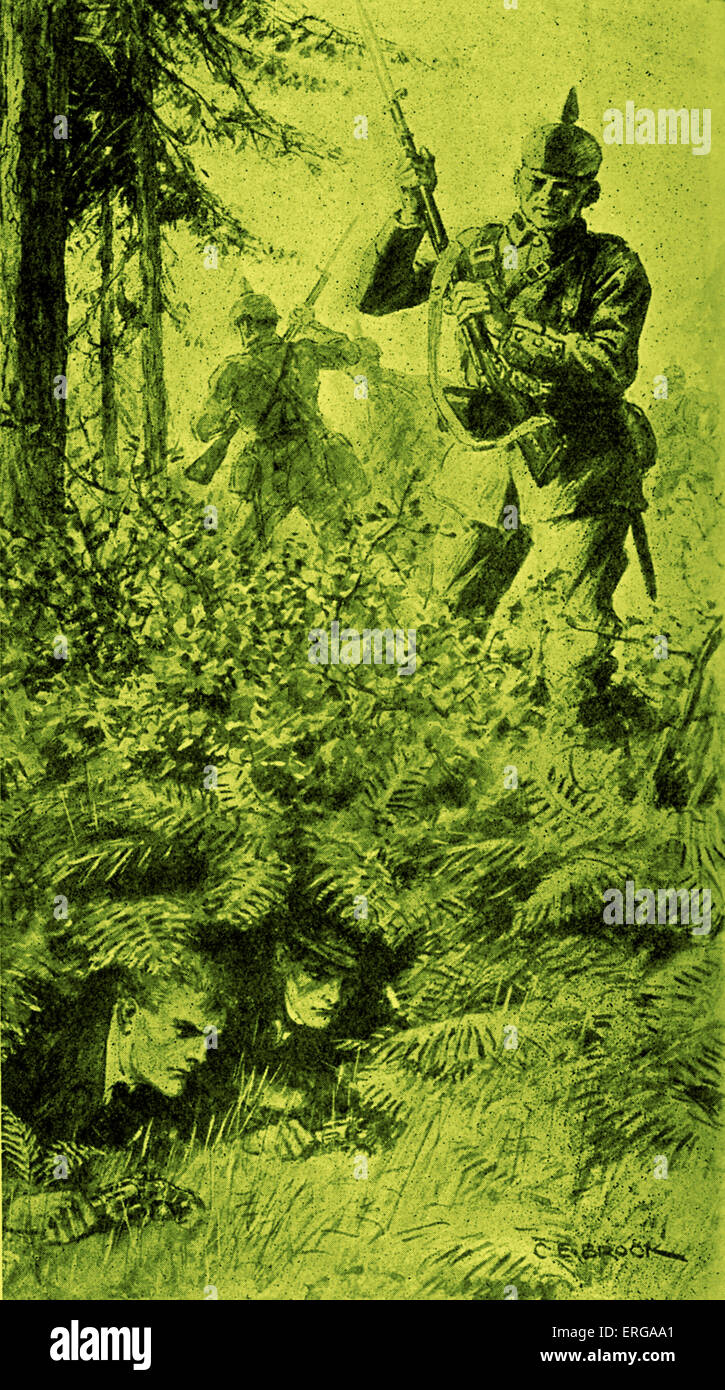 World War I illustration, from In Arms for Russia.  Two men hide from a German soldier. British children 's fiction, c. 1917. Stock Photo