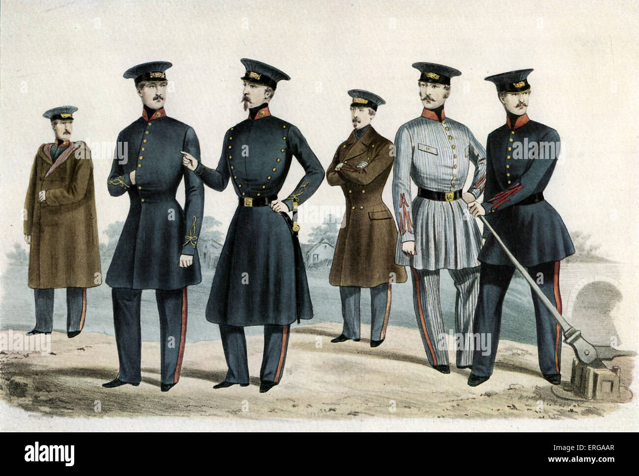Staff uniforms, Saint-German and Versailles Railway, 1840: driver in hooded overcoat; convoy director; two Paris Railstation Stock Photo