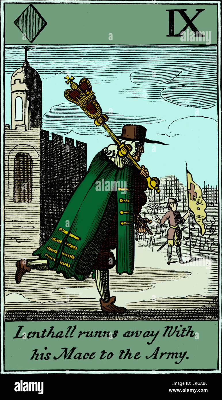 'Lenthall runs away with his mace to the army' - a satirical Cavalier playing card from the seventeenth century. William Stock Photo