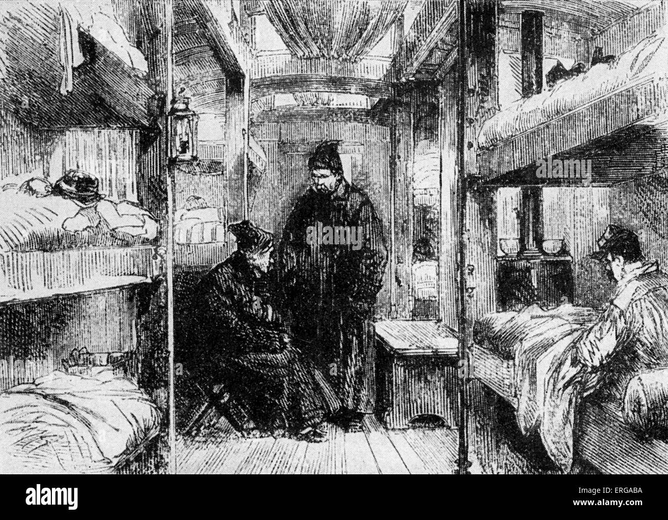 Interior of a hospital train -  carriage for wounded soldiers in Franco-Prussian War 1870-71. Stock Photo
