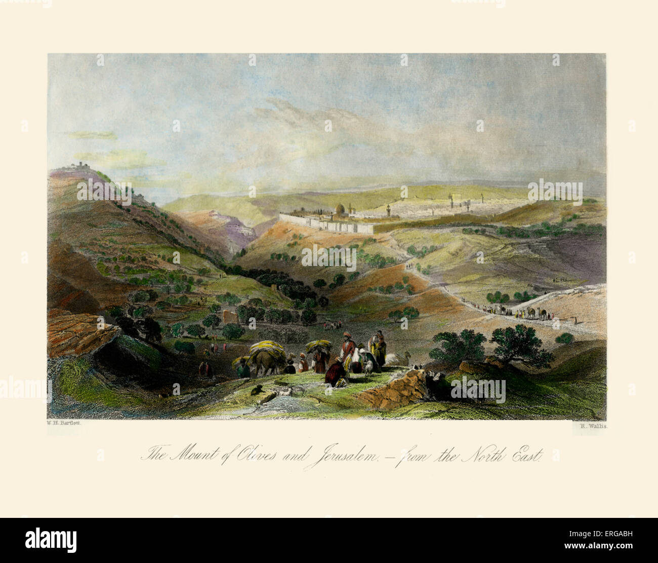 The Holy Land - The Mount of Olives and Jerusalem from the north east. 1840 hand coloured engraving. Drawn by William Henry Stock Photo