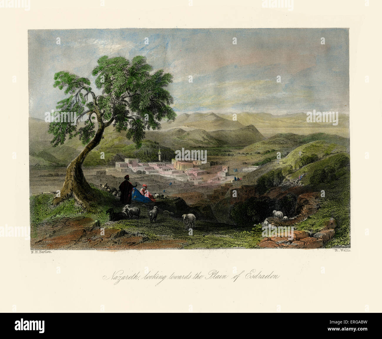 The Holy Land - Nazareth looking towards the Plain of Esdradonc.1840 hand coloured engraving. Drawn by William Henry Bartlett : Stock Photo