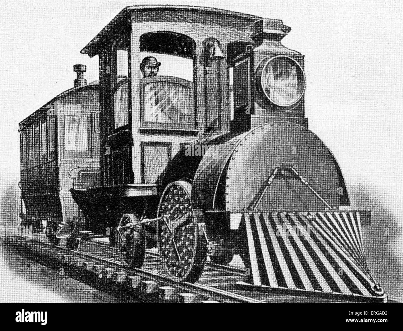 Electric locomotive by Edison, 1880. Track giving positive and negative charge. Thomas Alva Edison  - American inventor, Stock Photo