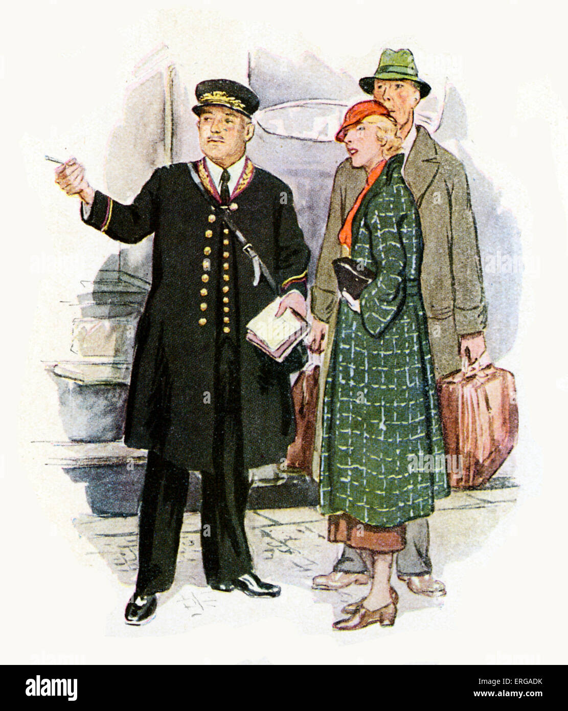 French railway staff uniforms, 1920-30s: train controller with passengers. Stock Photo