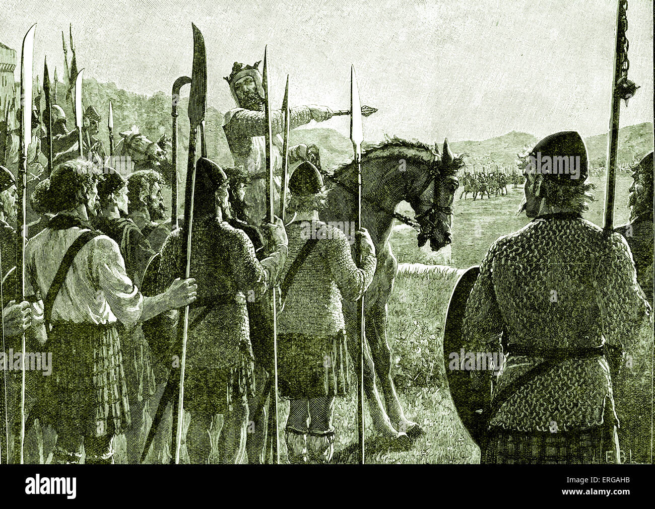 Battle of Bannockburn - Robert the Bruce reviewing his troops before battle. 24 June 1314. Significant Scottish victory in the Stock Photo