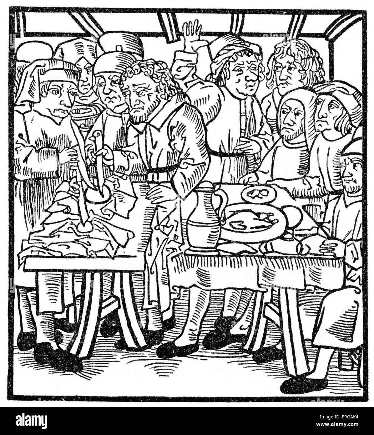 Jews of Sternberg represented as transfixing hosts. Anti-semitic woodcut from Lubeck 1492.( Defiling the host or sacred wafer of the mass. In the Middle Ages the Jews were frequently accused of desecrating the host, an accusation equal in gravity to that of desecrating relics and images of Jesus and the saints. This accusation has brought thousands of Jews to the stake. The Jews were alleged to steal the host or to acquire it by purchase or bribery, to break it or seethe it, and to stick needles into it or transfix it, whereupon it began to bleed.) Anti- Jewish libels Stock Photo