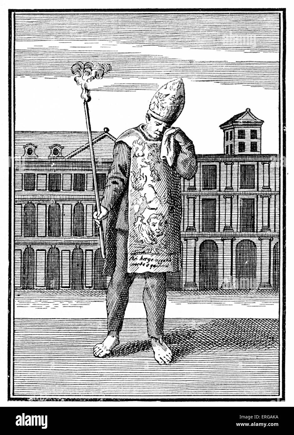Sanbenito (sambenito)- a penitential garment worn  during the Spanish Inquisition (after Picart)  . The tunic of yellow cloth Stock Photo