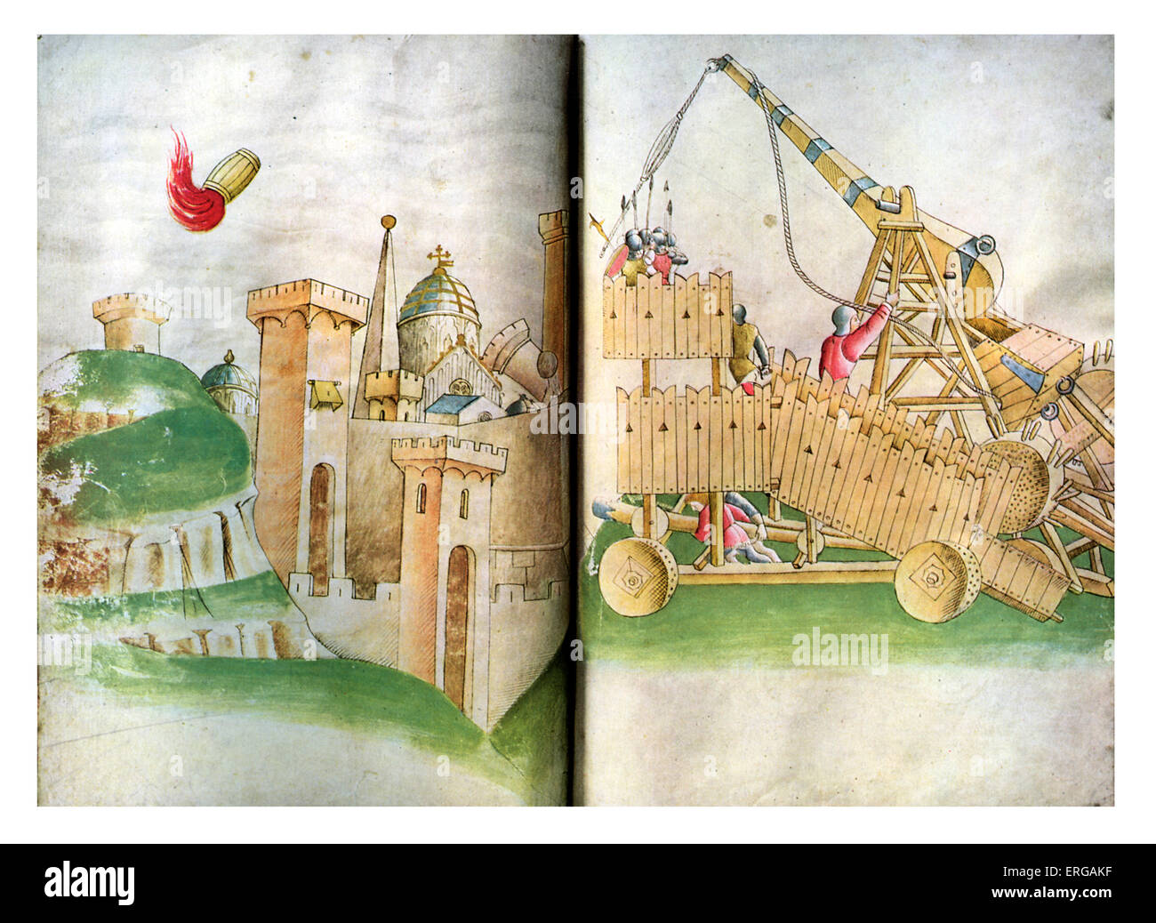 Besieging a walled city in the 16th century. Double page of a manuscript (probably from the 16th century) showing method of Stock Photo