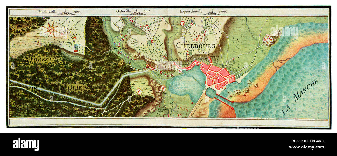 Roadmaps, 18th century France: Cherbourg and its surroundings in 1766. From collection of maps drawn for King Louis XV by Stock Photo